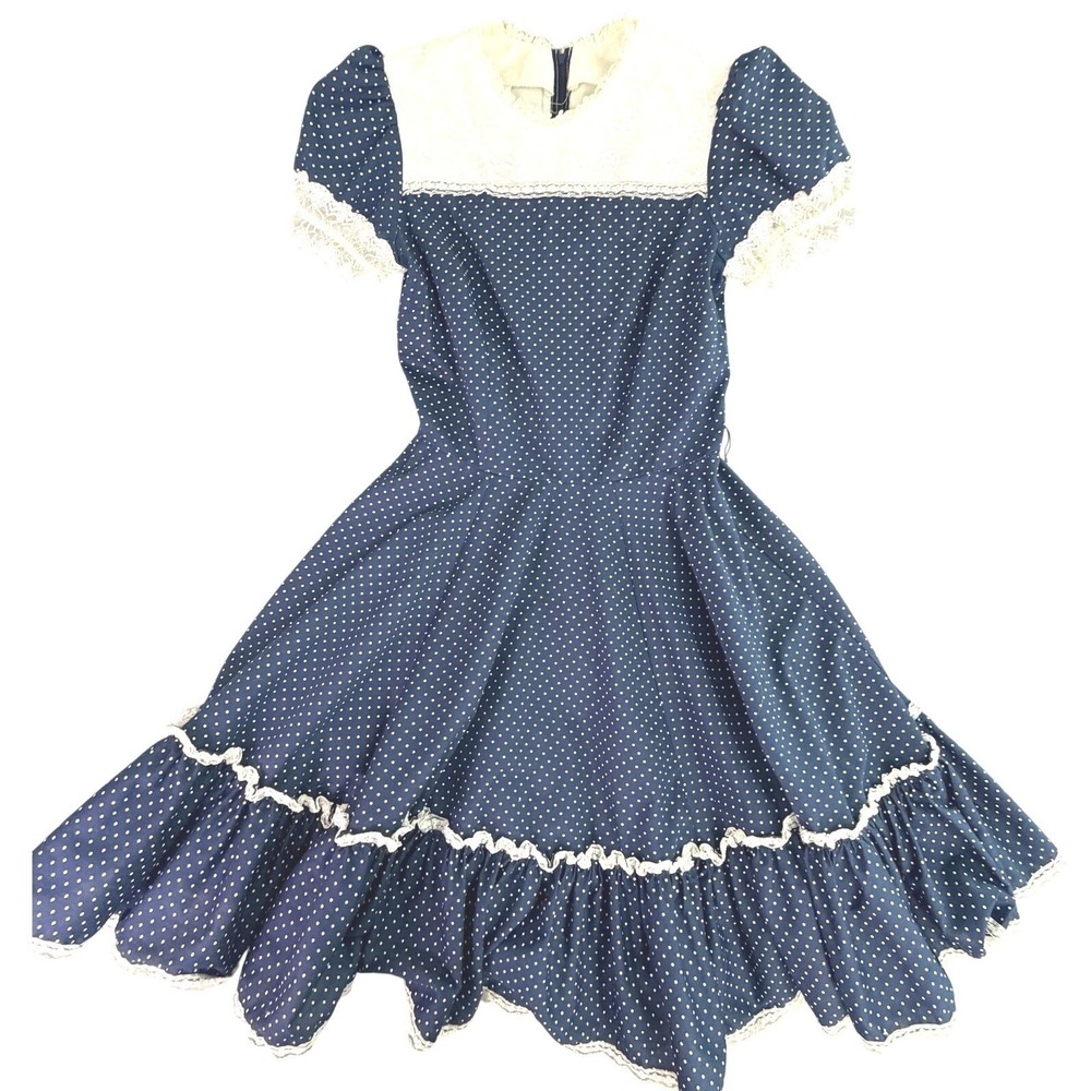 Sweetheart Polka Dot Lace Trim Prairie Dress Blue White Vintage Girls Size 12